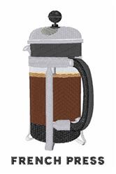 Realistic embroidery of a French press coffee maker with a black handle and brown brew, perfect for kitchen decor.