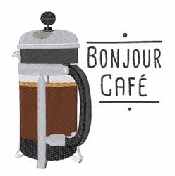 Cozy French press coffee maker in black and gray with rich brown coffee, featuring 'Bonjour Café' text.