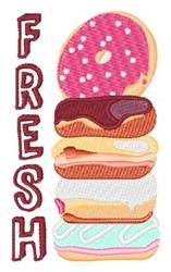 Colorful stack of donuts with a pink sprinkle donut and a chocolate donut beside bold red 'FRESH' text.