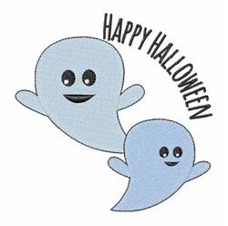 Two light blue friendly ghosts with smiles, above them the text 'HAPPY HALLOWEEN' in playful font, perfect for Halloween deco