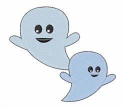 Two playful light blue ghosts with black eyes and smiling mouths, perfect for Halloween-themed designs.