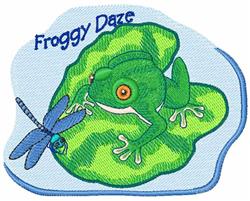 Playful frog on a lily pad, gazing at a blue dragonfly against a soft blue backdrop. 'Froggy Daze' text arches above.