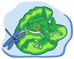 Playful green frog with an orange eye perched on a lily pad, accompanied by a blue dragonfly in a vibrant, cartoonish style.