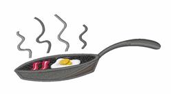 Colorful frying pan showcasing a fried egg and crispy bacon with playful steam lines, perfect for kitchen towels.