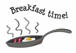 Cartoonish frying pan with a fried egg and crispy bacon, steam rising, captioned 'Breakfast time!'