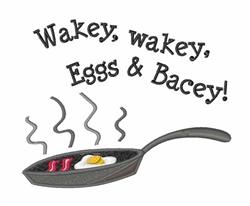 Playful frying pan with a fried egg and bacon strips, steaming lines suggest warmth and invite breakfast vibes.