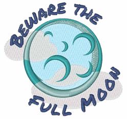 Playful full moon in teal surrounded by soft clouds, with 'BEWARE THE FULL MOON' text, perfect for Halloween.