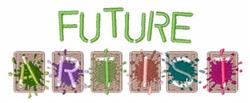 Playful text 'FUTURE ARTIST' surrounded by colorful paint splashes in vibrant greens, purples, and pinks.