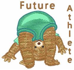Playful cartoon bear doing a handstand in a textured blue-green outfit, with cheerful 'Future Athlete' text.