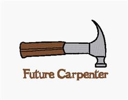 Stylized hammer with wooden handle and metallic head, featuring warm 'Future Carpenter' text in brown.