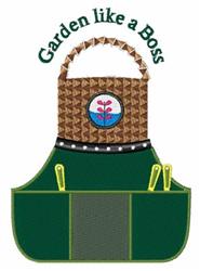 Playful garden apron featuring a vibrant green color, brown woven basket, and colorful flower motif for spring gardening.
