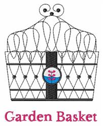 Stylized garden basket with elegant curves and a colorful flower, featuring cheerful 'Garden Basket' text in spring theme.