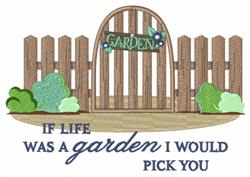 Whimsical garden gate surrounded by green bushes, with a playful 'GARDEN' sign above and cheerful text below. Perfect for spr