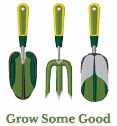 Garden tools in vibrant green and yellow: hand trowel, cultivator, and transplanter with spring theme.