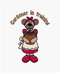 Cartoon bear dressed as a gardener in a pink apron, holding a flower pot with vibrant blooms, colorful and whimsical.