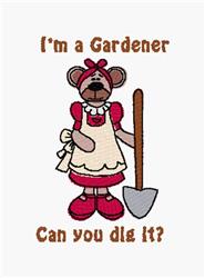 Playful cartoon bear in a red dress and apron holding a gardening shovel, showcasing charm for children's themes.