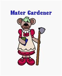 Cartoon bear dressed as a gardener in a pink dress and apron, holding a tool with a cheerful expression.