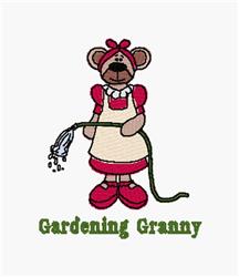 Playful bear in a red dress and apron, joyfully holding a watering hose for spring gardening, with 'Gardening Granny' text.