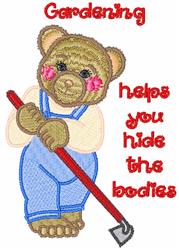 Whimsical bear in blue overalls with rosy cheeks holds a shovel; bold red text adds humor.