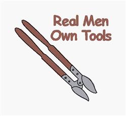 Gardening shears with brown handles and metallic blades, featuring 'Real Men Own Tools' text. Humorous design.