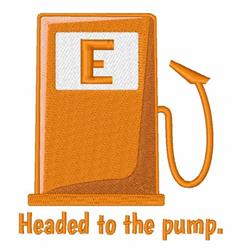Playful gas pump in bright orange with an 'E' and the text 'Headed to the pump.' stitched boldly.