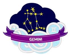 Gemini constellation in shimmering gold stars among blue clouds, with a purple banner saying 'GEMINI' below.