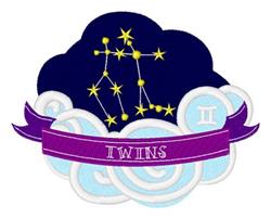 Colorful constellation featuring Gemini stars above fluffy clouds and a purple banner that reads 'TWINS'.