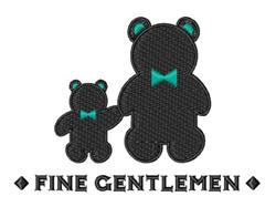 Two cartoon black bears, one large and one small, wear turquoise bow ties in a playful design with 'FINE GENTLEMEN' text.