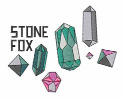 Modern geometric crystals in green, pink, and gray with bold 'STONE FOX' text, playful design.
