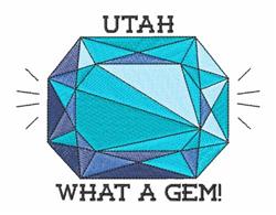 Modern geometric gemstone design in blue and cyan, featuring bold text 'UTAH WHAT A GEM!' below.