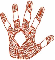 Decorative hand featuring intricate geometric patterns in reddish-brown, highlighting cultural significance.