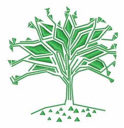 Geometric tree with sharp lines and green foliage, featuring triangular shapes at the base, perfect for modern decor.