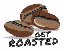 Cartoonish coffee beans in brown shades with roasted texture and bold 'GET ROASTED' text for kitchen towels.