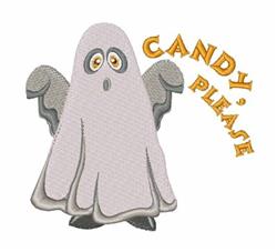 Playful ghost with a pale gray body and expressive eyes, featuring wings and 'CANDY PLEASE' text for Halloween.