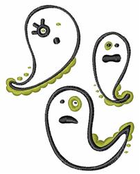 Three playful cartoon ghosts with black outlines, featuring green accents, perfect for Halloween decor.