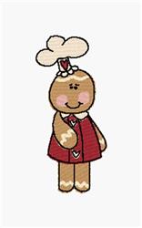 Playful gingerbread cookie character in a red dress with a chef hat, designed for festive holiday themes.