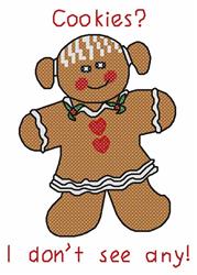 Cheerful gingerbread cookie character with red text, white frilly outfit, and colorful details, perfect for Christmas cross s