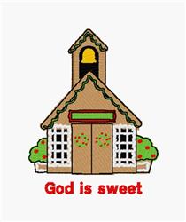 Whimsical gingerbread house with a bell tower, colorful flowers, and 'God is sweet' text. Perfect for playful embroidery.