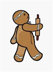 Cute gingerbread man with a smiling face and white icing details, holding a rolling pin for Christmas decor.