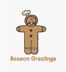 Playful gingerbread man with a chef hat, heart shapes, and 'Season Greetings' text, festive charm for Christmas.