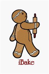 Cheerful gingerbread man with icing details, holding a rolling pin, features playful holiday design with 'iBake' text.