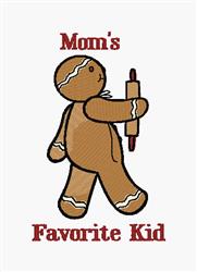 Playful gingerbread man holding a rolling pin in warm brown tones with red text saying 'Mom's Favorite Kid'.