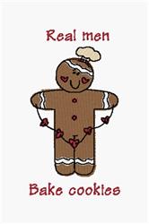 Cheerful gingerbread man in a chef's hat with icing details, hearts, and playful text for holiday baking.
