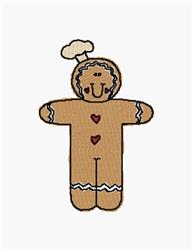Whimsical gingerbread man with a chef hat, icing details, and red hearts, perfect for holiday decor.
