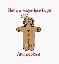 Gingerbread man in a chef hat with hearts, surrounded by 'Nana always has hugs and cookies' text for a festive holiday feel.