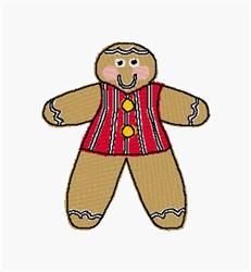 Playful gingerbread man with brown body, red striped shirt, cheerful face, and yellow buttons for holiday décor.