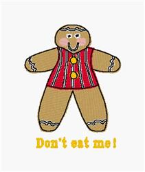 Playful gingerbread man in a striped red and white shirt with yellow buttons, festive holiday theme.