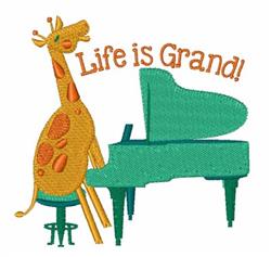 Playful giraffe with orange spots next to a bright green piano, features the text 'Life is Grand!'