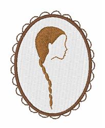 Silhouette of a girl with braided hair within an elegant oval frame, accented by delicate lace detailing.