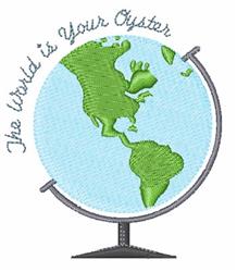 Colorful globe design with North America in green, whimsical text 'The World is Your Oyster' above, on a classic black stand.